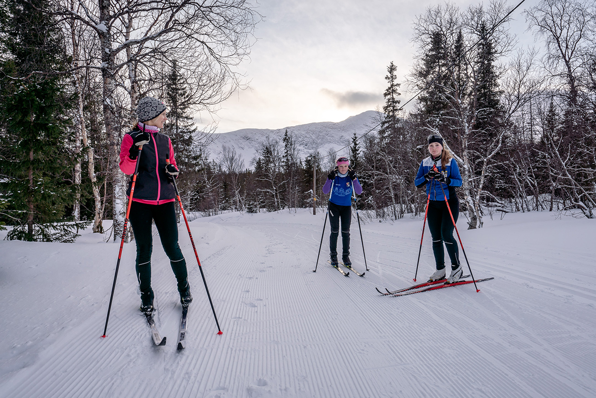 Tre kvinnor på längdskidor i vintermiljö